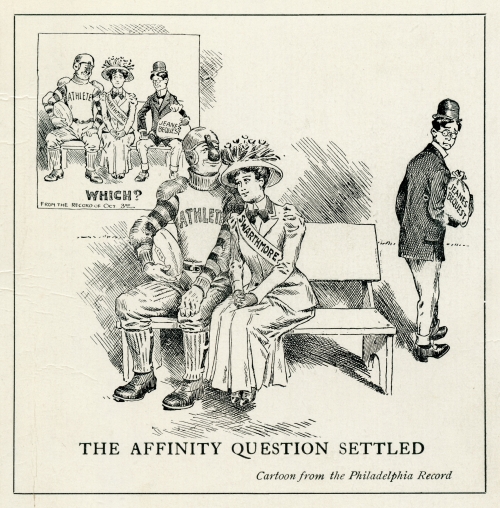 cartoon of three figures representing Swarthmore, athletics, and a bequest